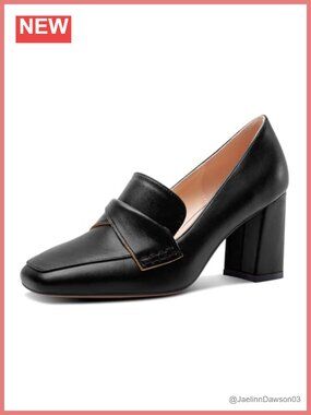 Chunky Block Heel Square Toe Pumps Slip-on Loafers Office Shoes 3.2 inch Heel